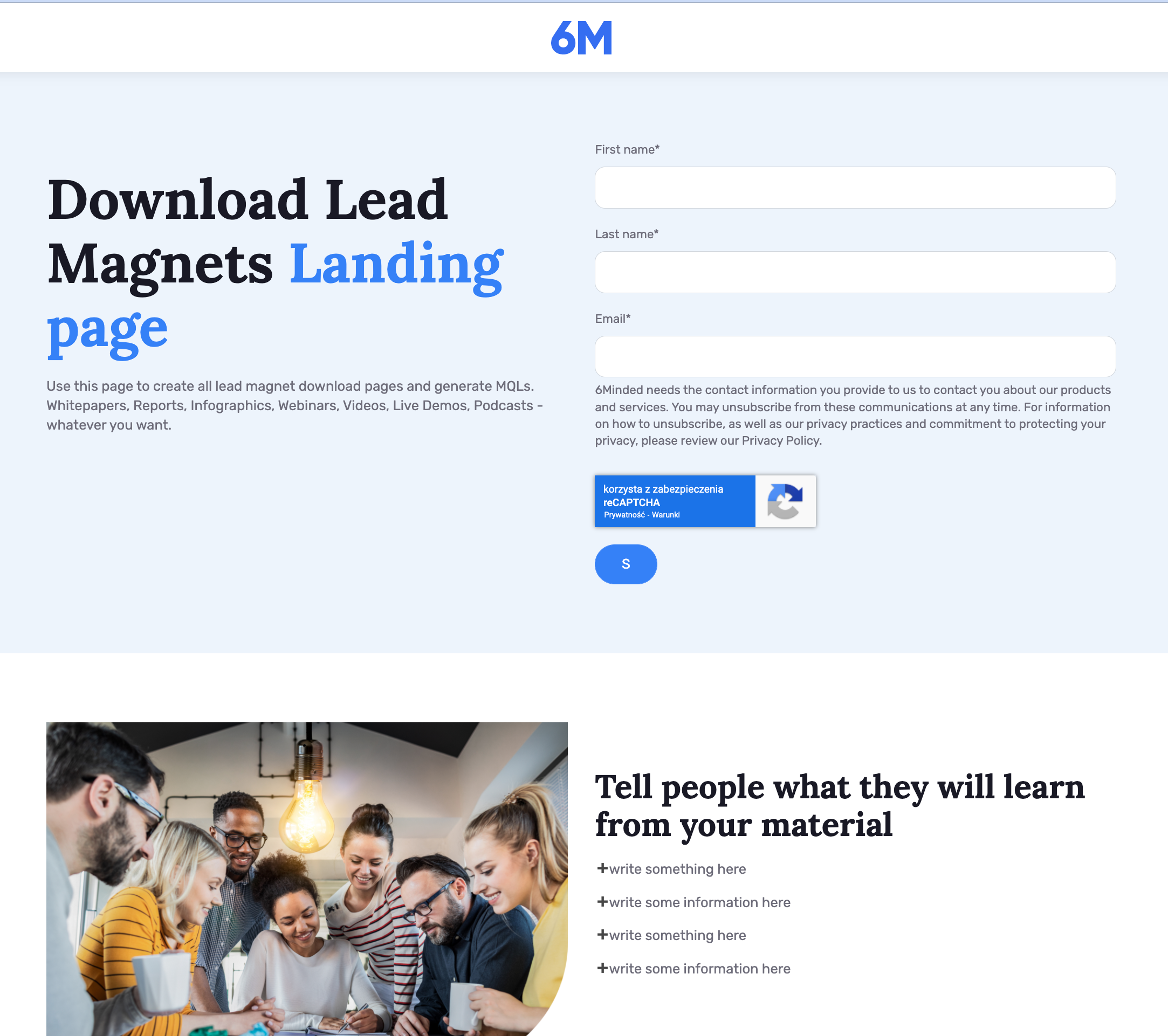 Classic Landing Page with above the fold form.